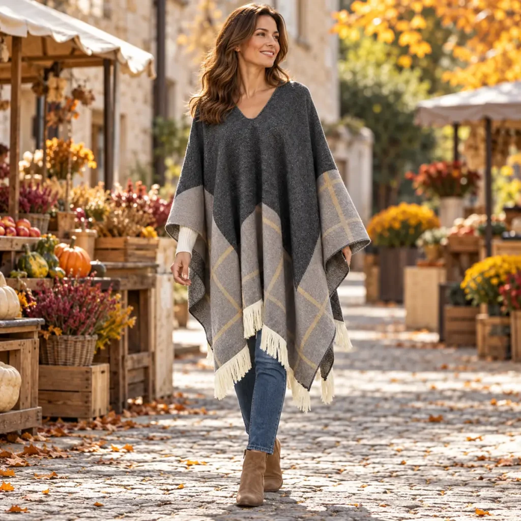 Charcoal Gold patterned poncho worn outdoors