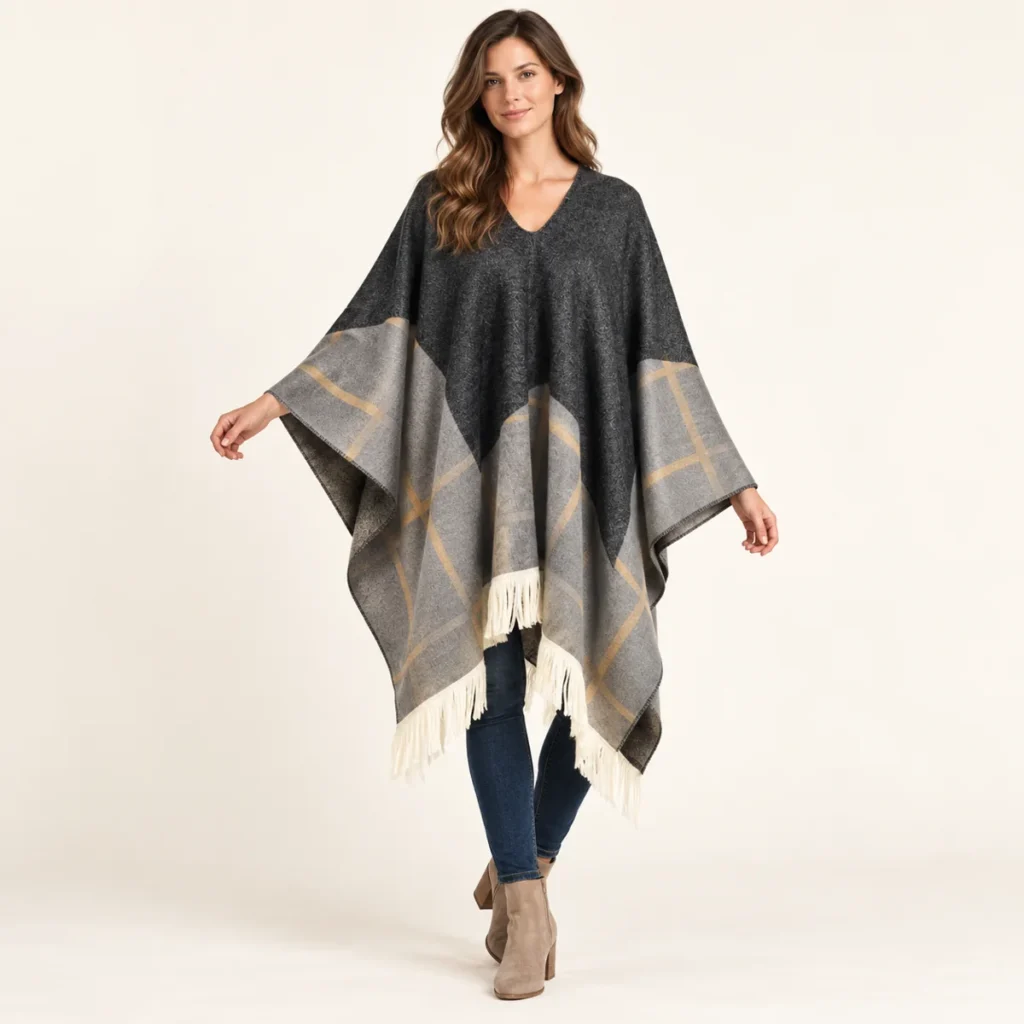 Charcoal Gold poncho showing its fit and drape