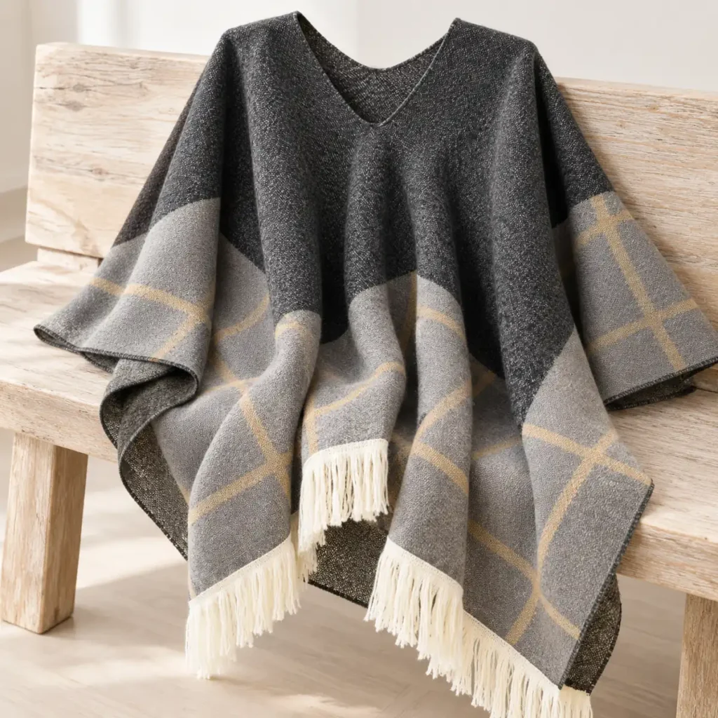 Charcoal Gold knit pattern and fringe detail