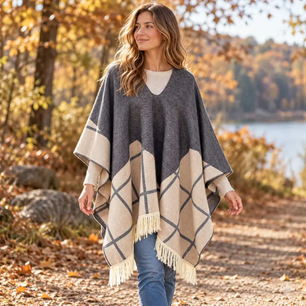 Grey Sand poncho worn over neutral clothing on an autumn walk