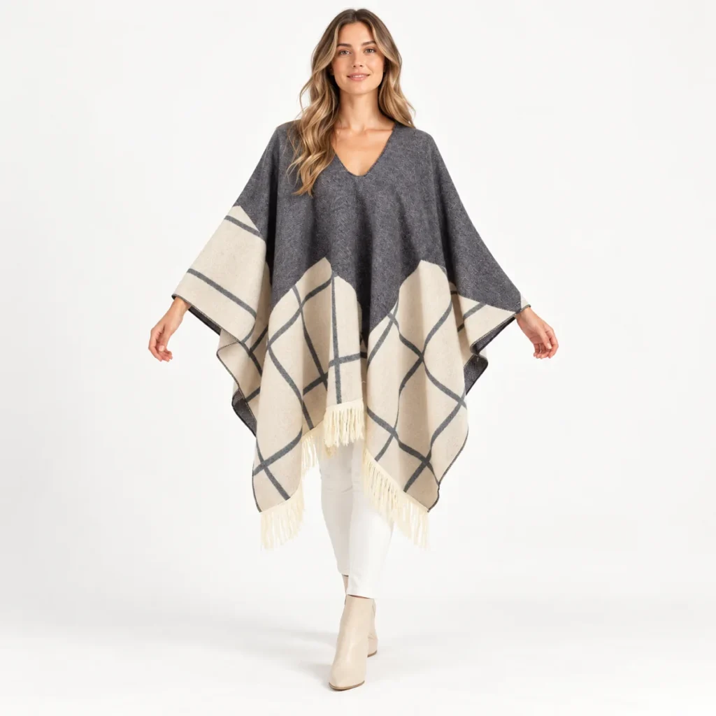 Full length view showing the loose drape of the Grey Sand poncho