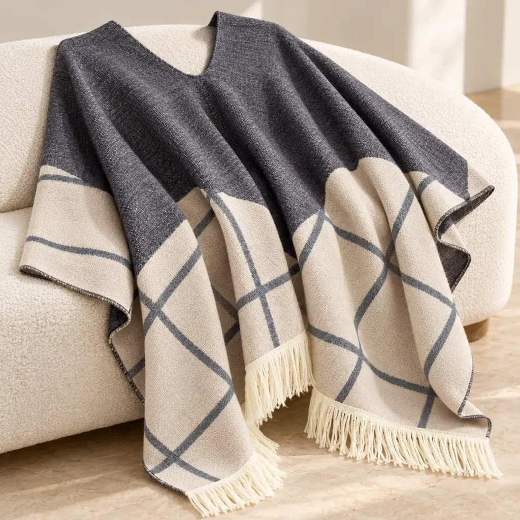 Grey Sand poncho knit pattern and fringe close detail