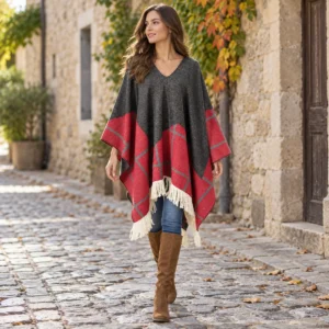 Poncho Cowboy Red Border — lifestyle view outdoors
