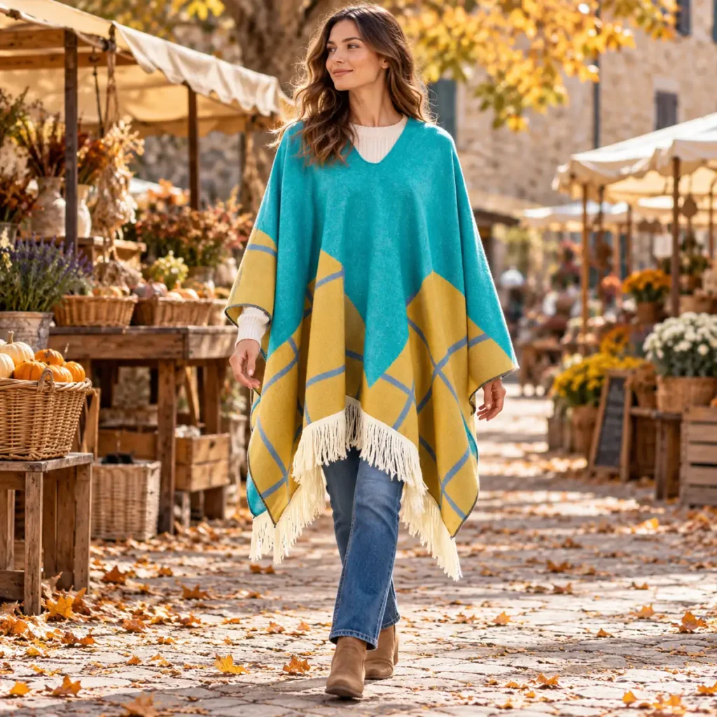 Turquoise Spirit patterned poncho worn outdoors