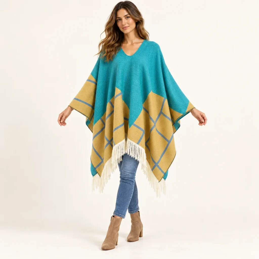Turquoise Spirit poncho showing its fit and drape