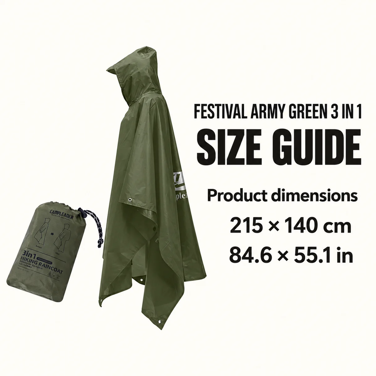 Poncho Festival Army Green 3-in-1 — product dimensions guide
