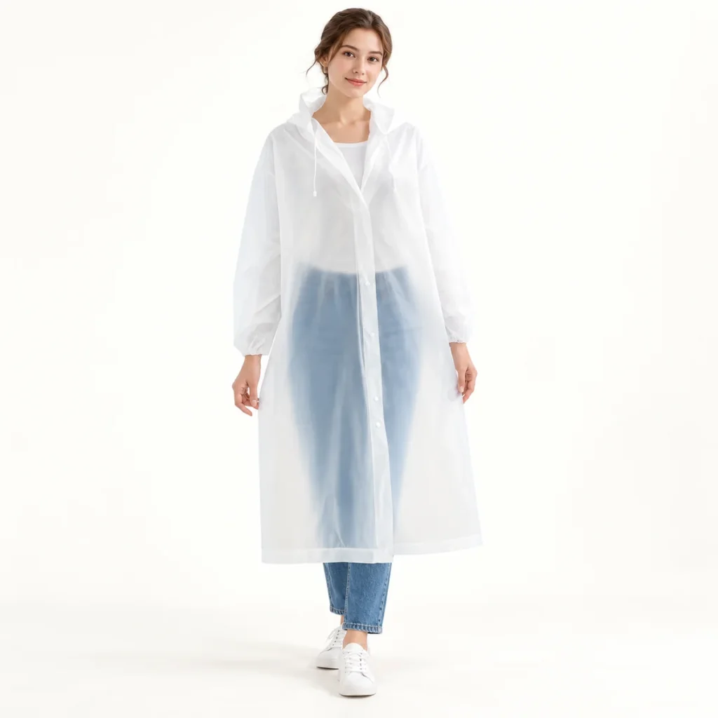 Clear Classic transparent poncho showing its fit