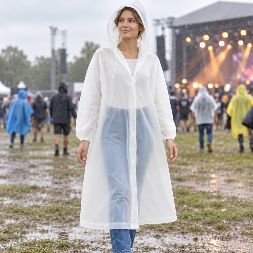 Clear Classic transparent poncho worn at a rainy festival