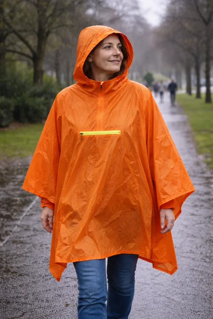 Orange Shield poncho showing hood and front pocket