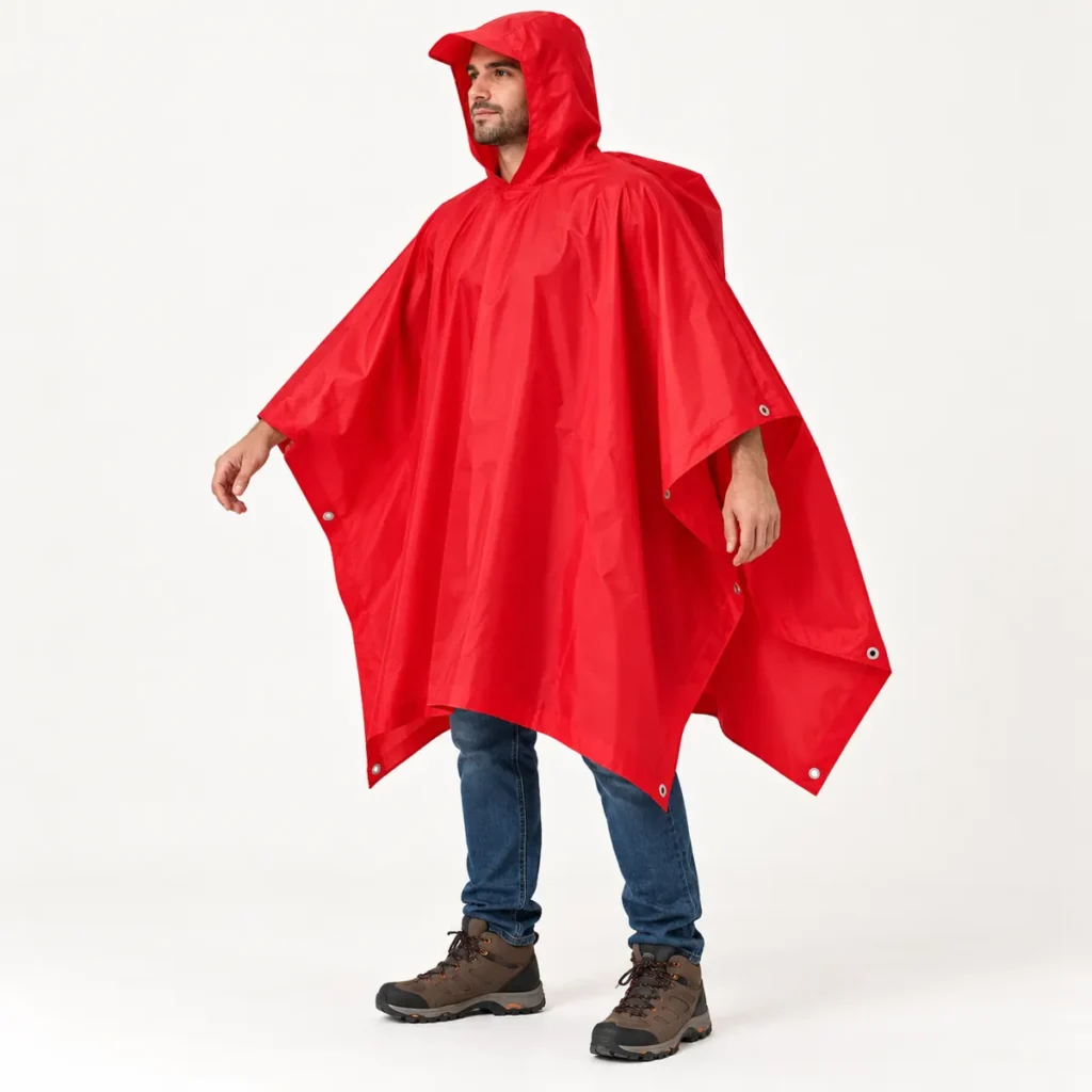 Full length view of the red festival poncho showing its wide coverage