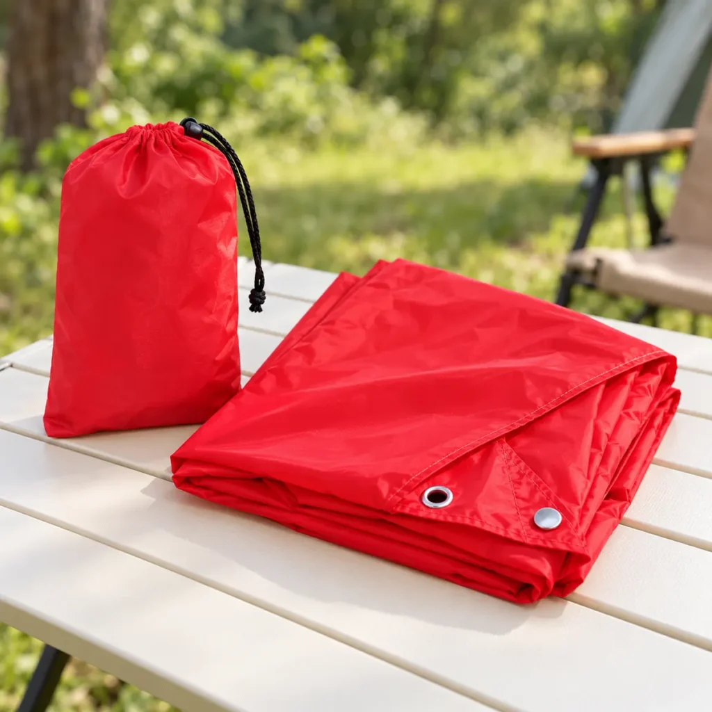 Red festival poncho folded beside its matching storage pouch