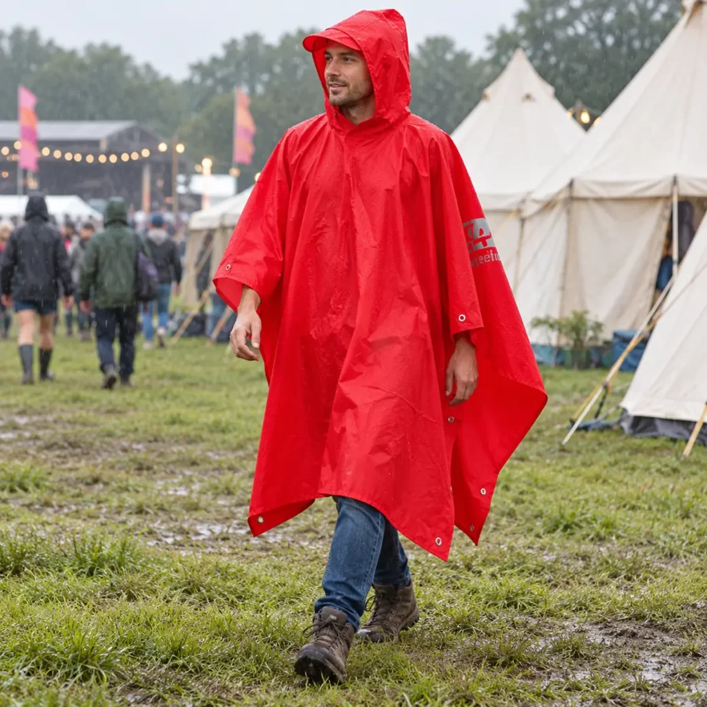 Red hooded festival poncho worn during a light shower