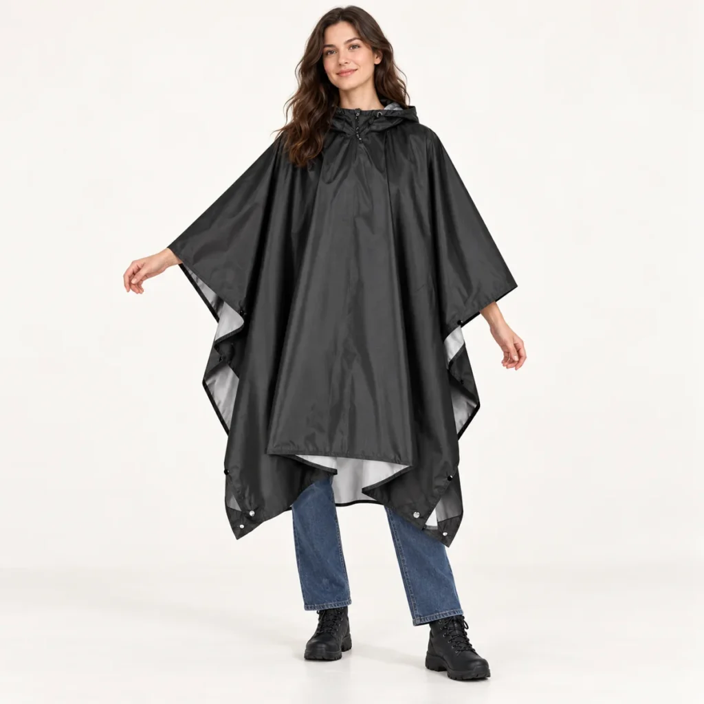 Full length fit of the Storm Black poncho over jeans