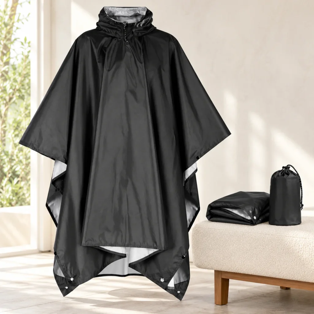 Storm Black poncho showing side snaps and matching storage pouch