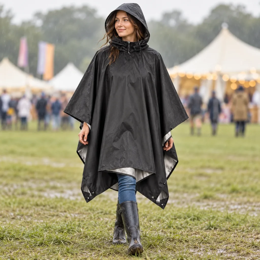 Storm Black hooded poncho worn at a festival in light rain