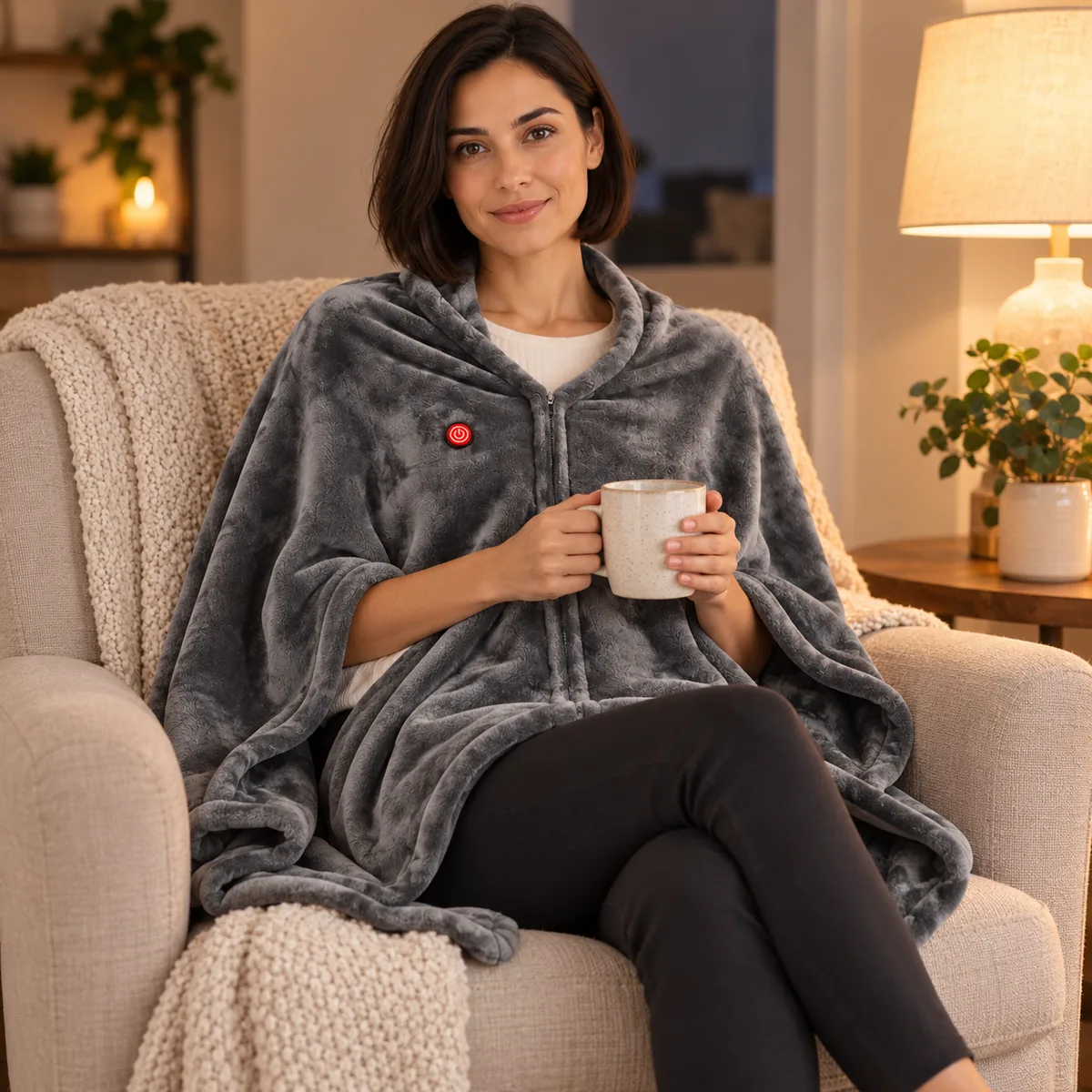 Grey Zip heated fleece cape – Relaxing at home