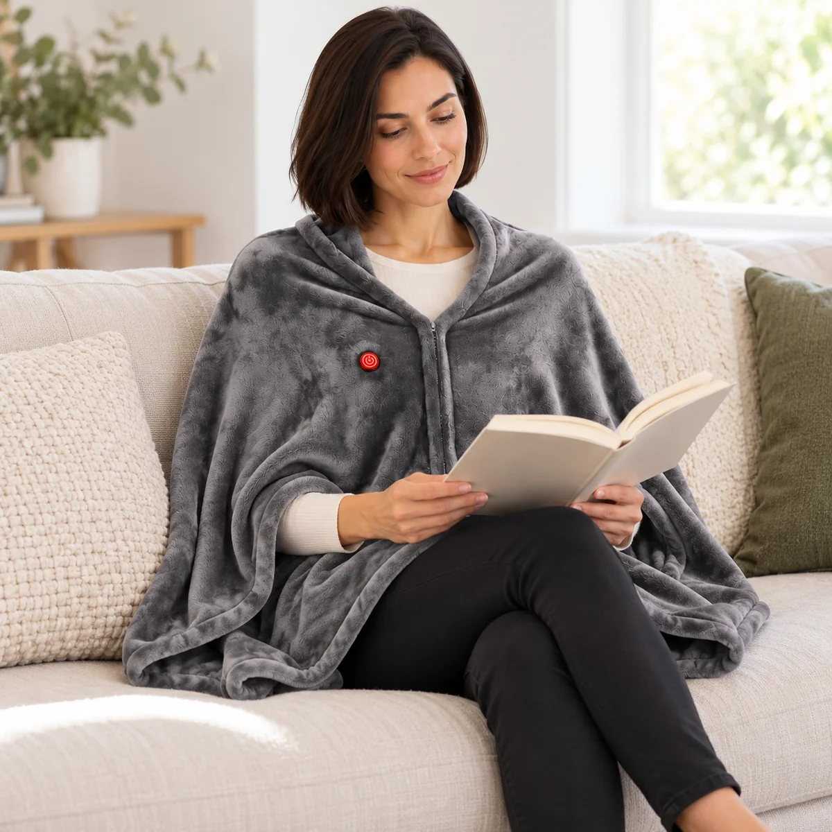 Grey Zip heated fleece cape – Reading on the sofa