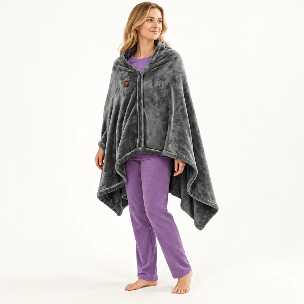 Relaxed drape of the Grey Zip heated wrap