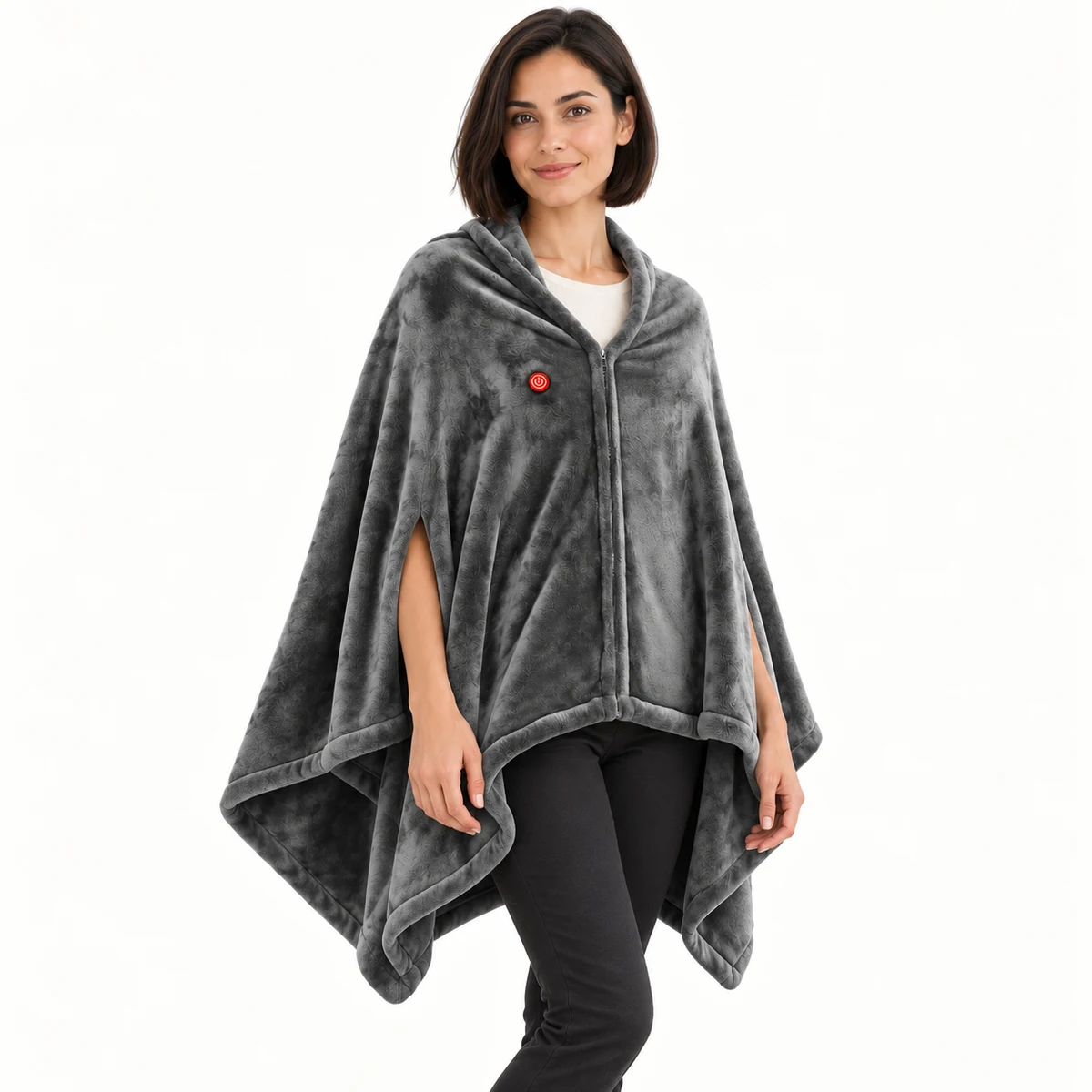 Grey Zip heated fleece cape – Three-quarter view