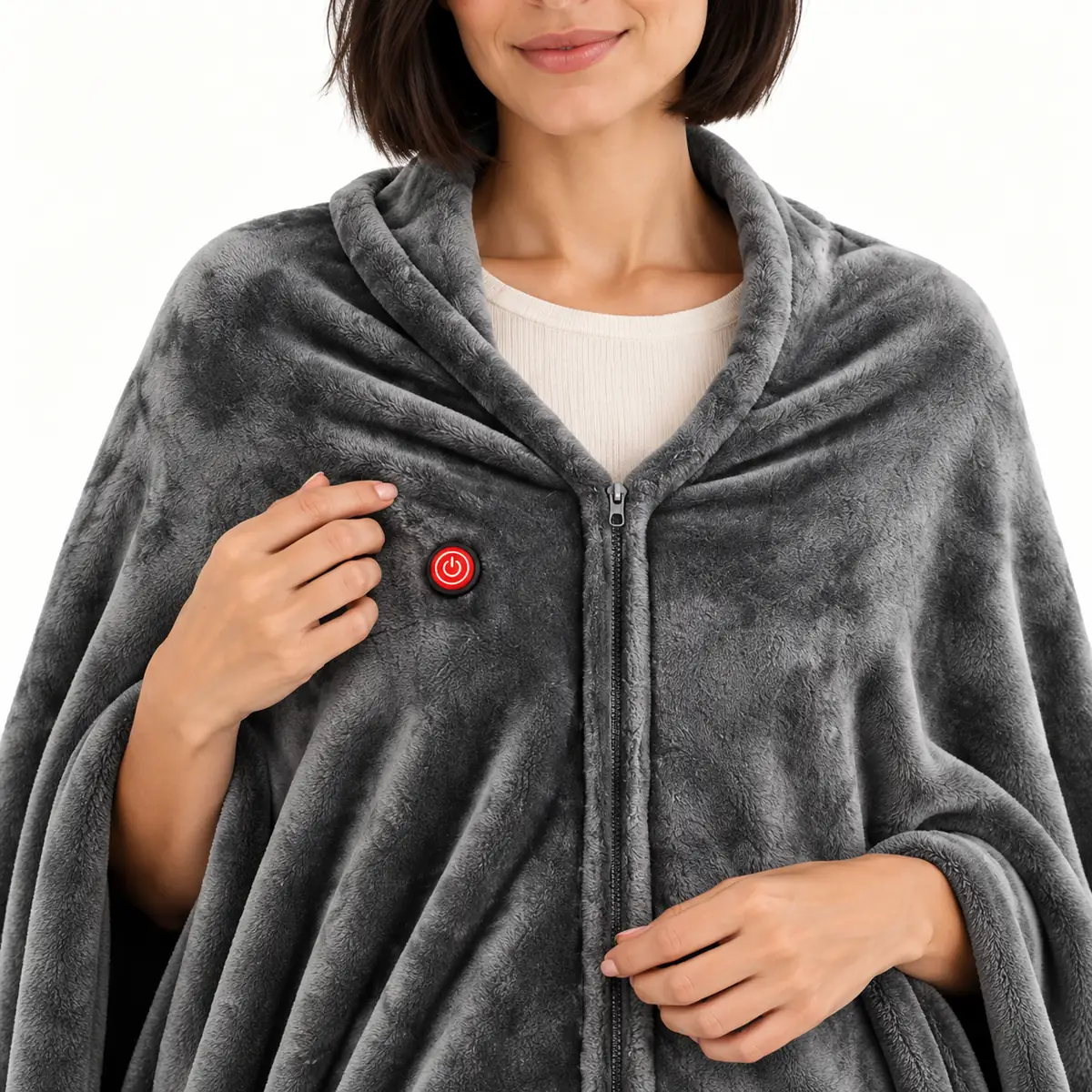 Grey Zip heated fleece cape – Fleece, zip and control detail