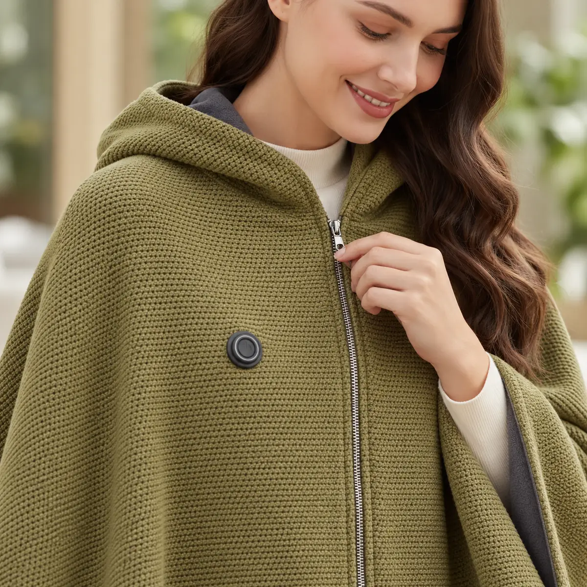 Poncho Heated Olive Comfort — neckline and fabric detail