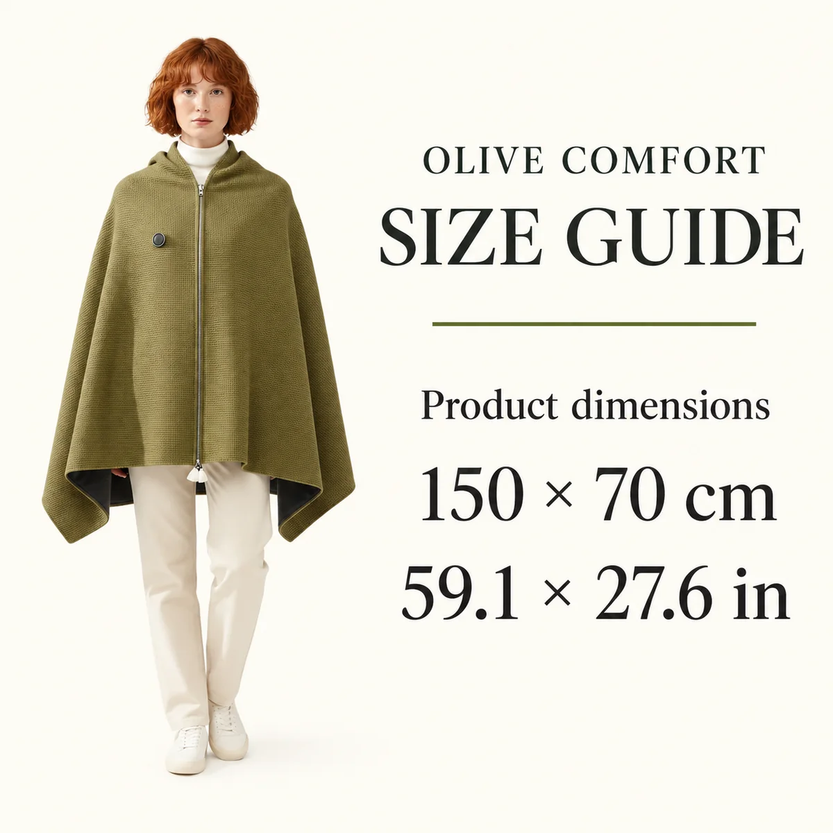 Poncho Heated Olive Comfort — product dimensions guide