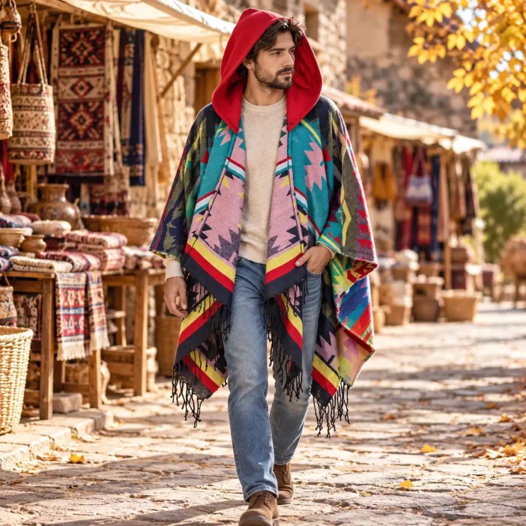 Andean Red poncho worn over everyday clothing outdoors