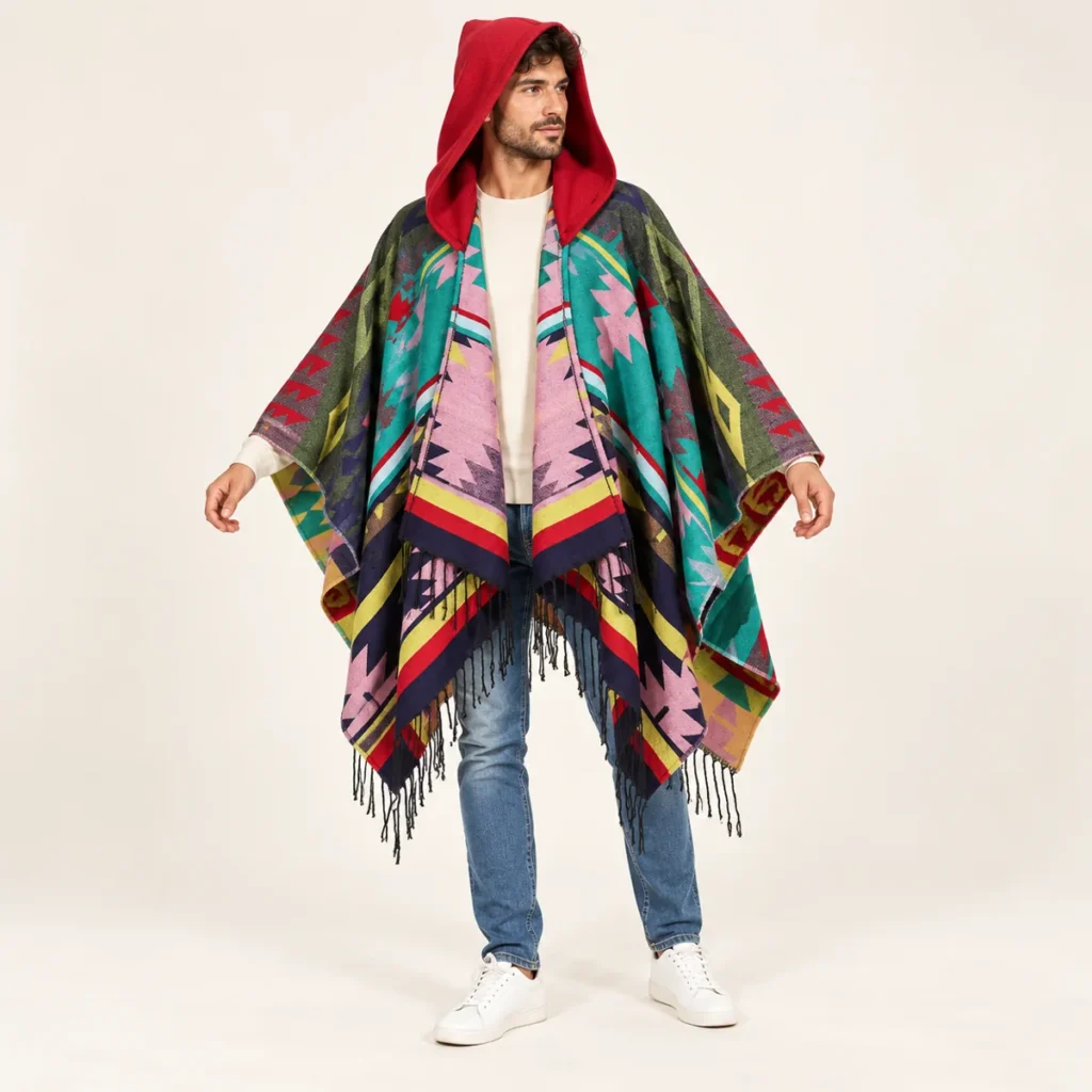 Full length view showing the fit and coverage of the Andean Red poncho