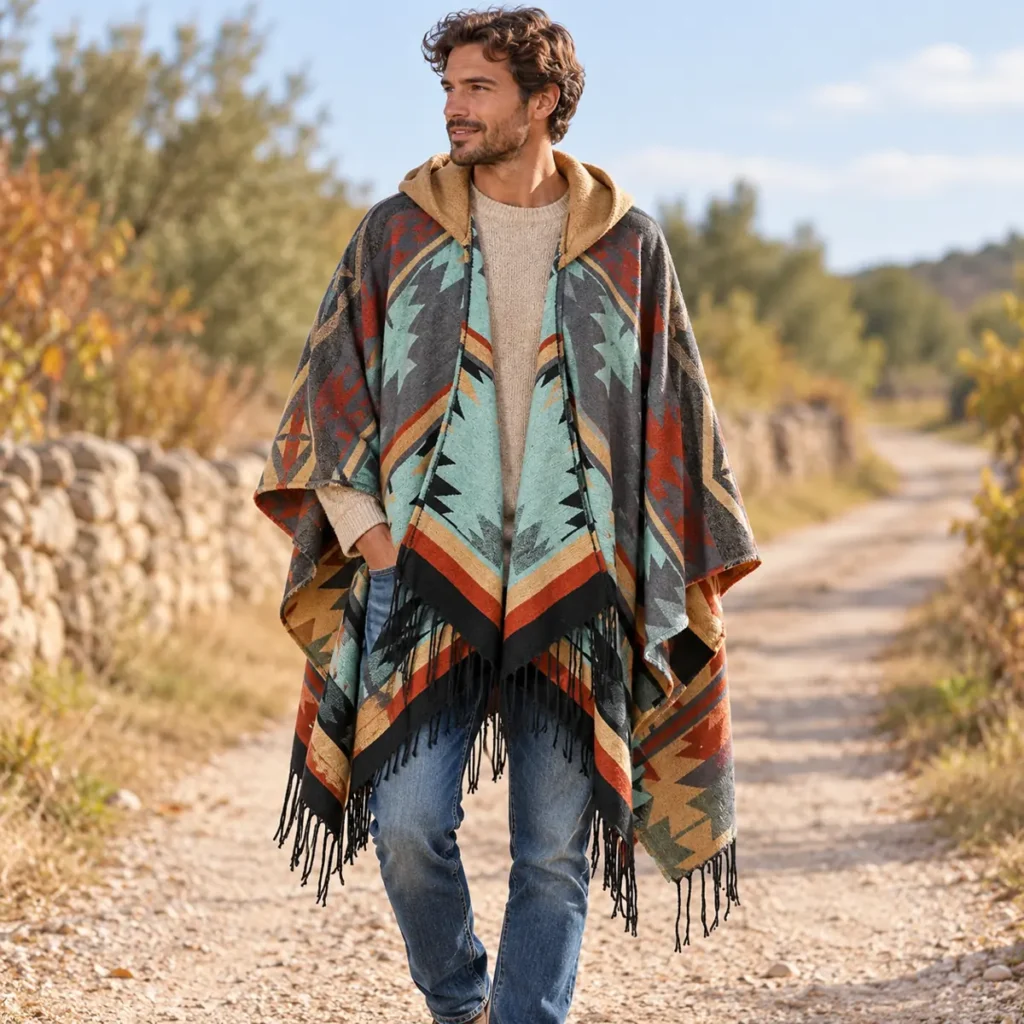 Canyon Brown poncho worn over neutral clothing on an autumn walk