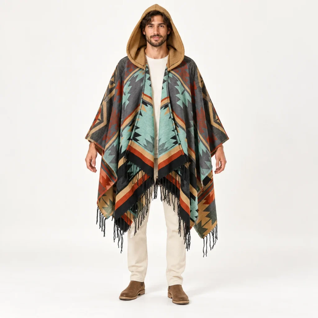 Full length view showing the loose drape of the Canyon Brown poncho