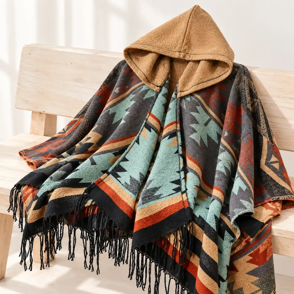 Canyon Brown poncho knit pattern and fringe close detail