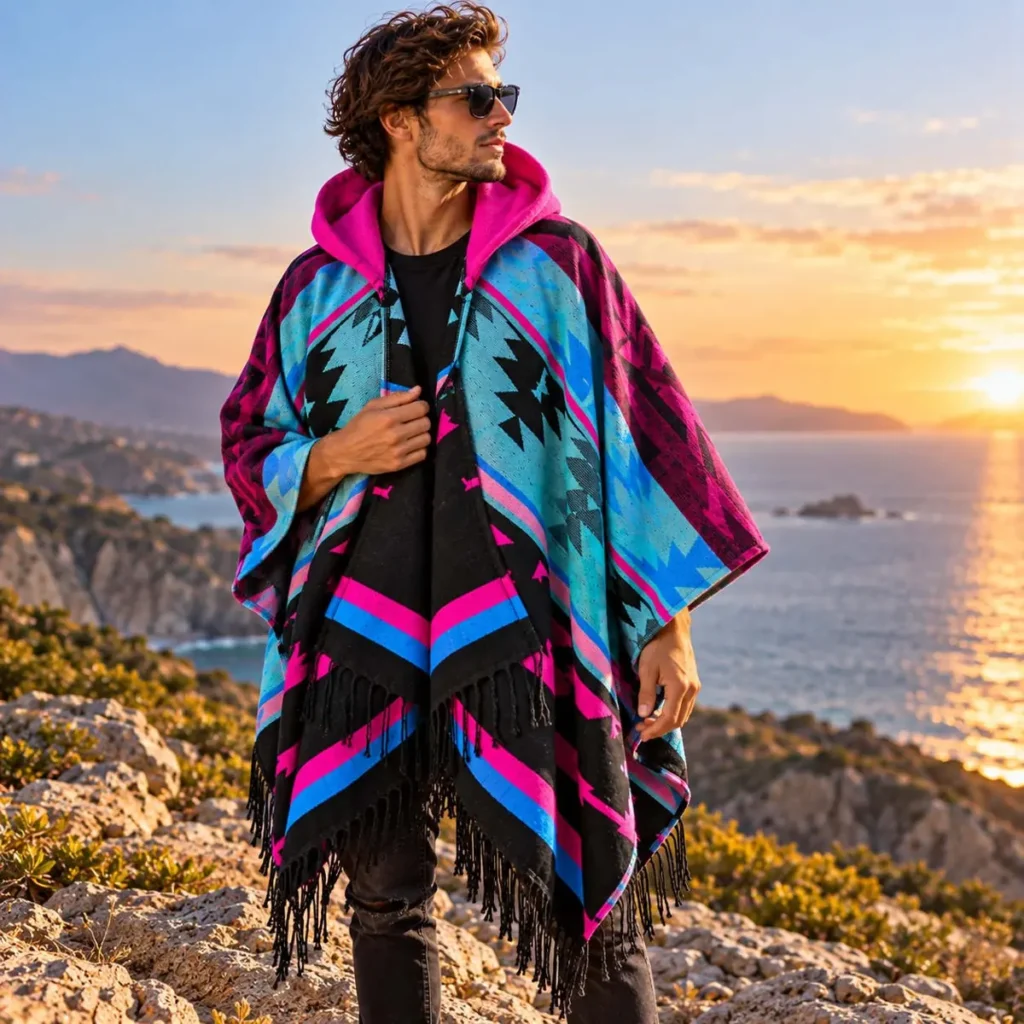 Neon Magenta patterned poncho worn outdoors