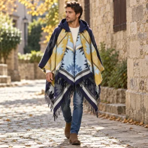 Poncho Men Ocean Blue — lifestyle view outdoors