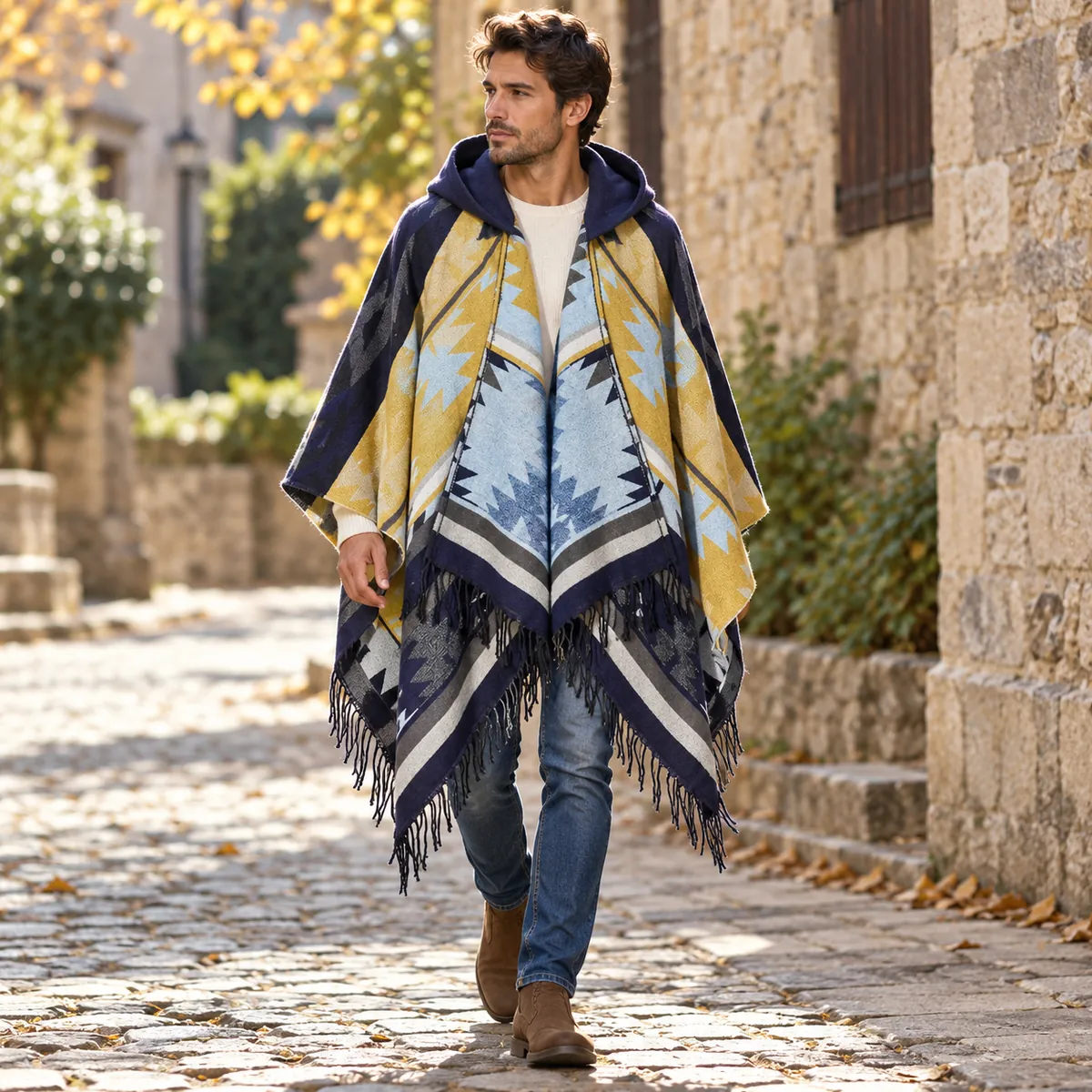 Poncho Men Ocean Blue — lifestyle view outdoors