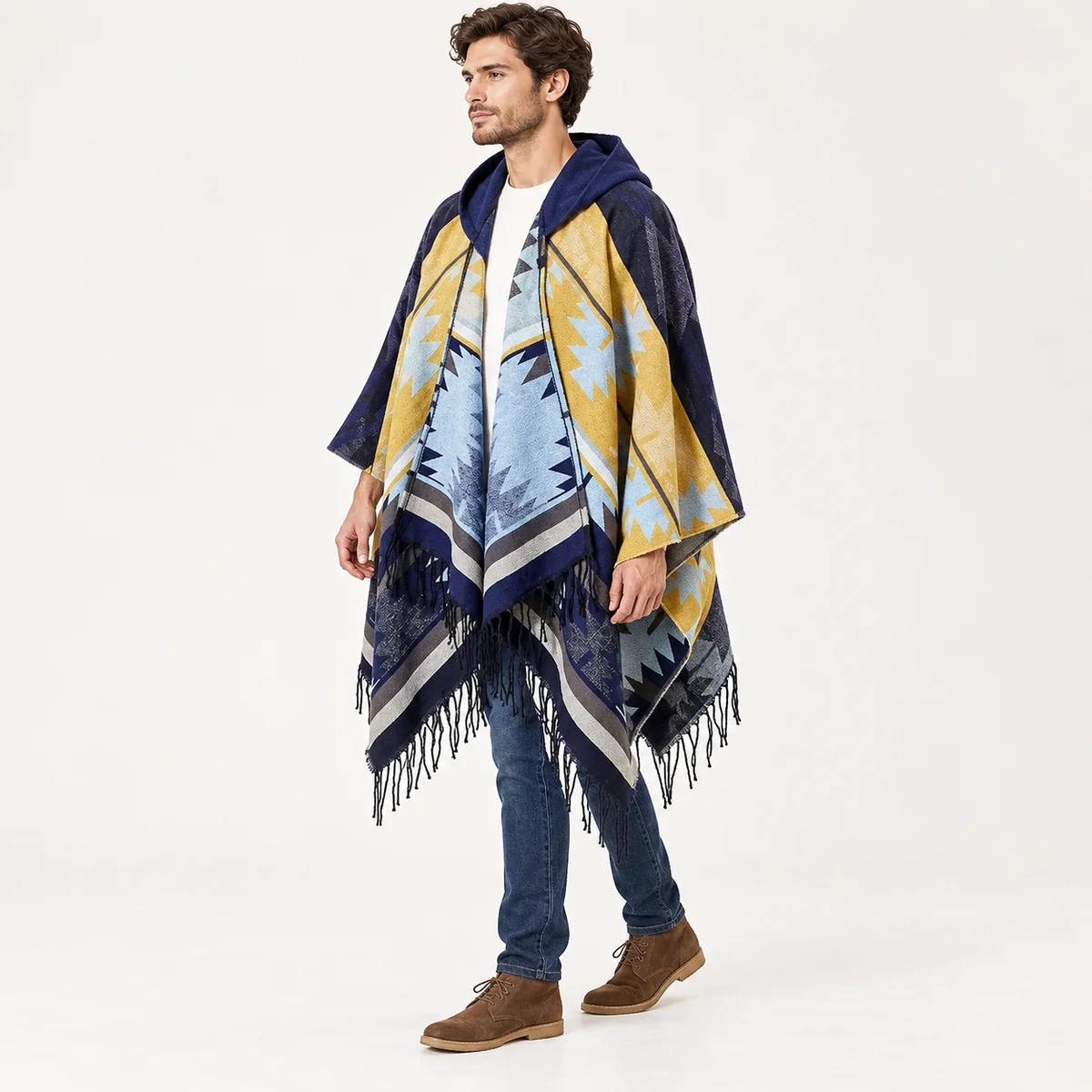 Poncho Men Ocean Blue — three-quarter view