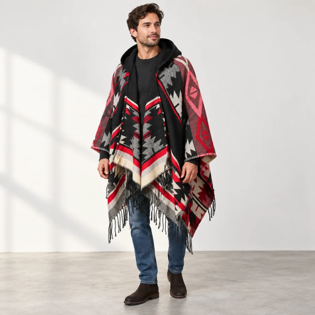 Relaxed fit and drape of the Shadow Black hooded poncho