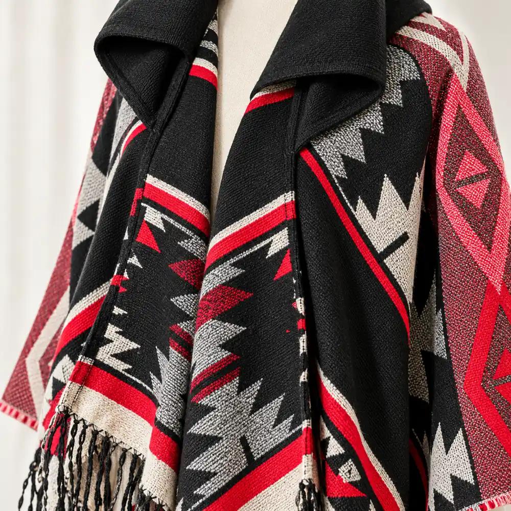 Shadow Black poncho knit, red and light pattern, and fringed edge