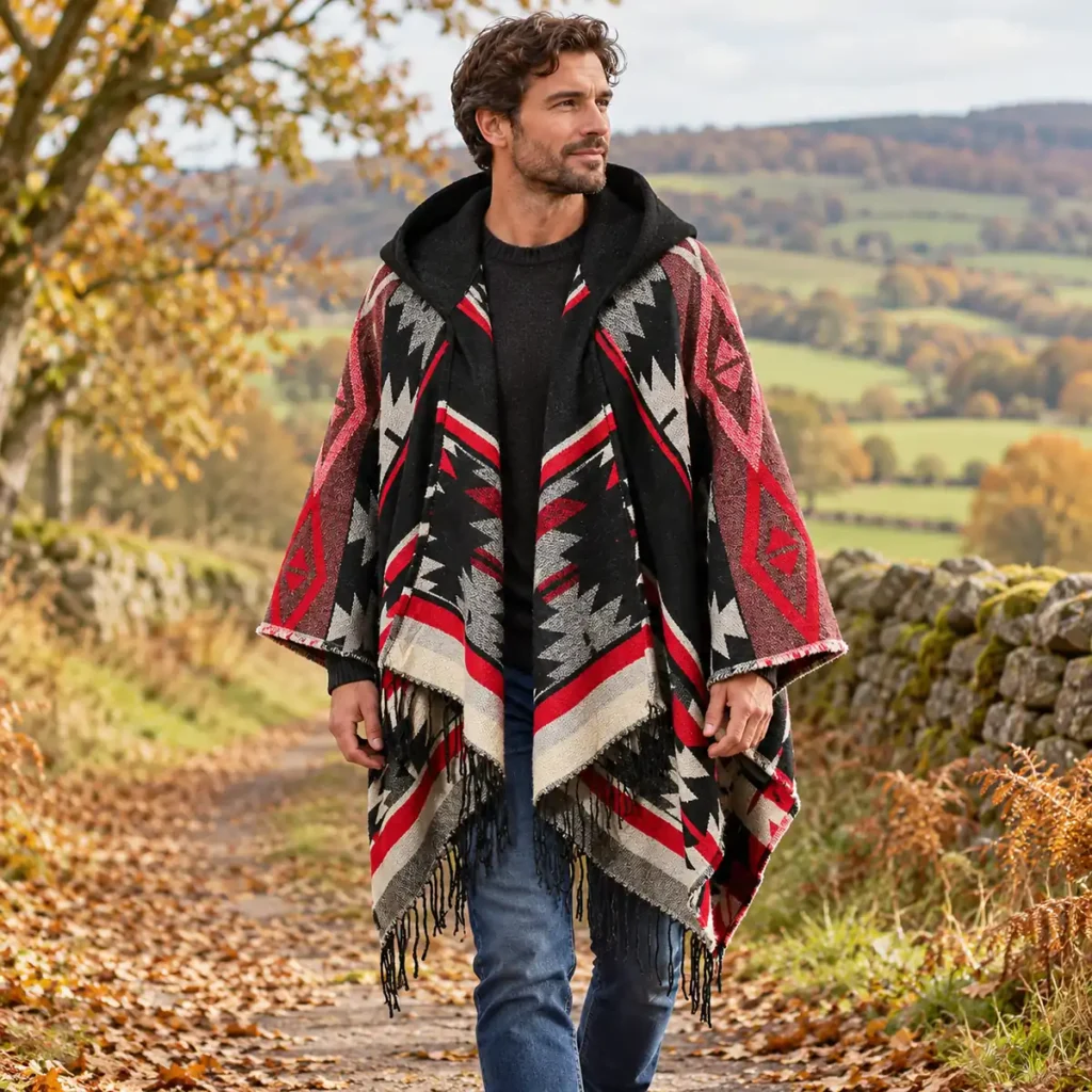 Man wearing the patterned Shadow Black hooded poncho outdoors