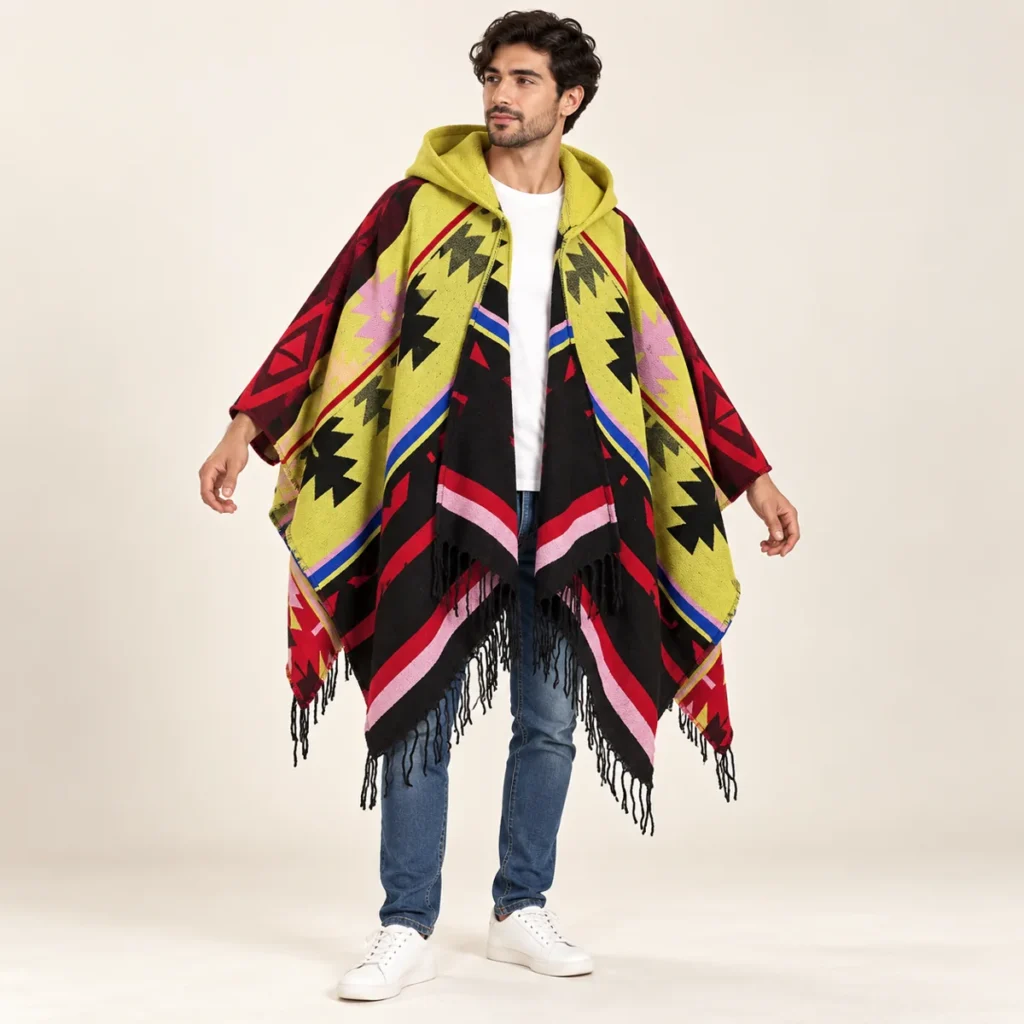 Full length view showing the fit and coverage of the Sunflare Yellow poncho