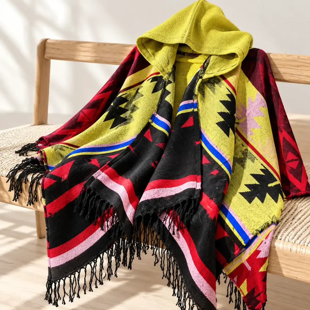 Sunflare Yellow poncho hood patterned knit and fringe detail