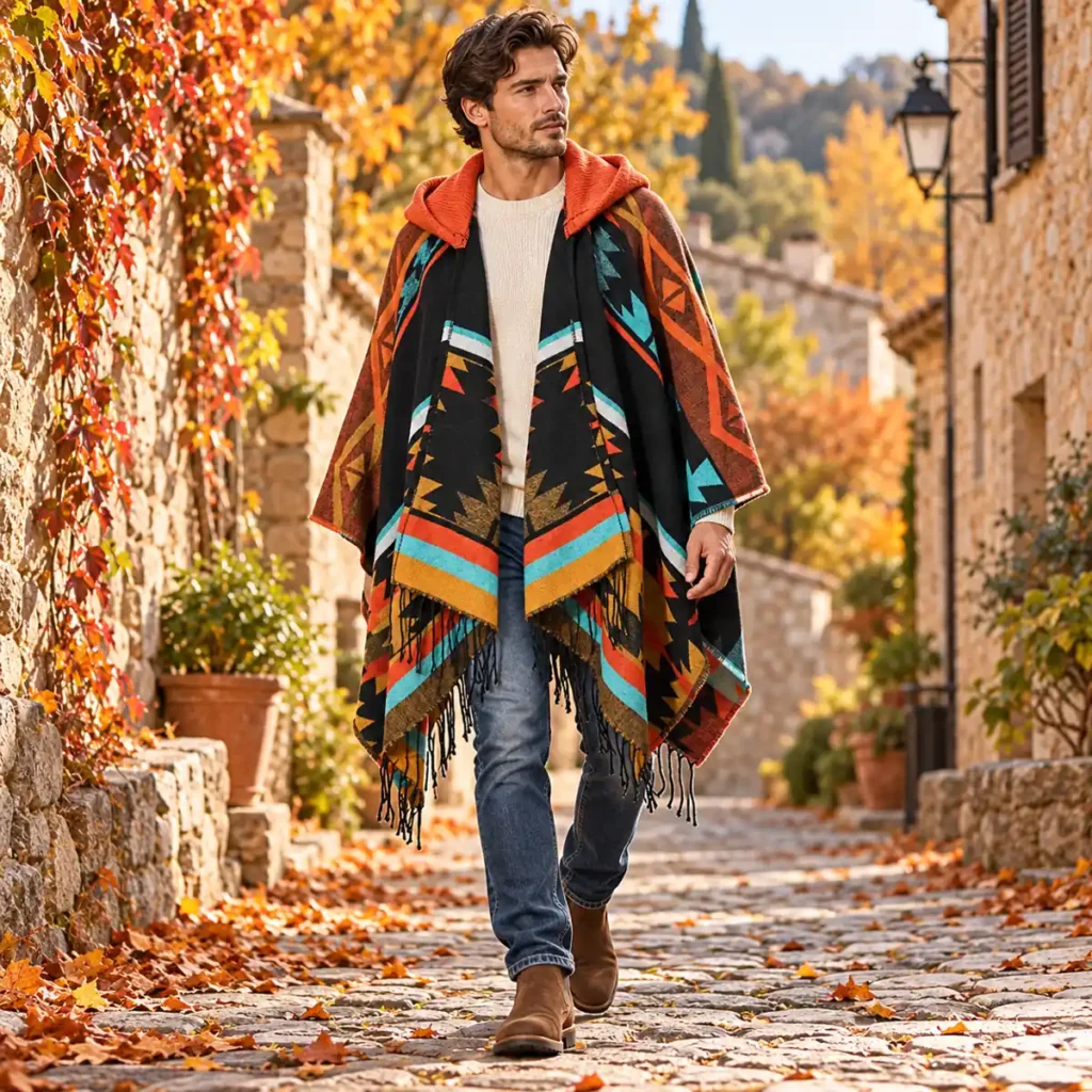 Sunset Red patterned hooded poncho worn over a jumper on an autumn walk