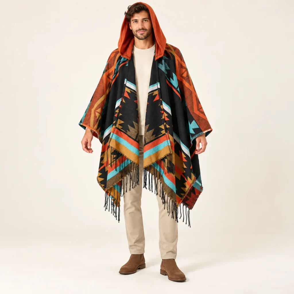 Full length view of the Sunset Red open front poncho and fringed drape