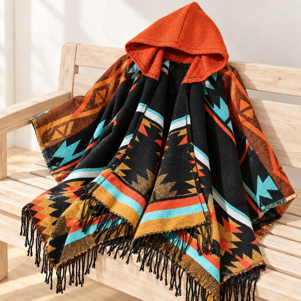 Sunset Red poncho showing orange hood geometric knit and black fringe