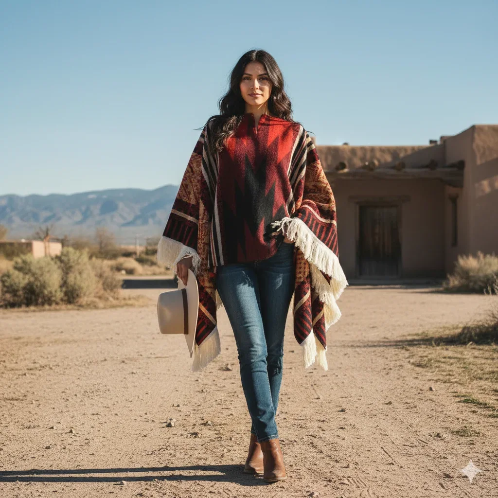 Tribal Naranja patterned poncho styled outdoors