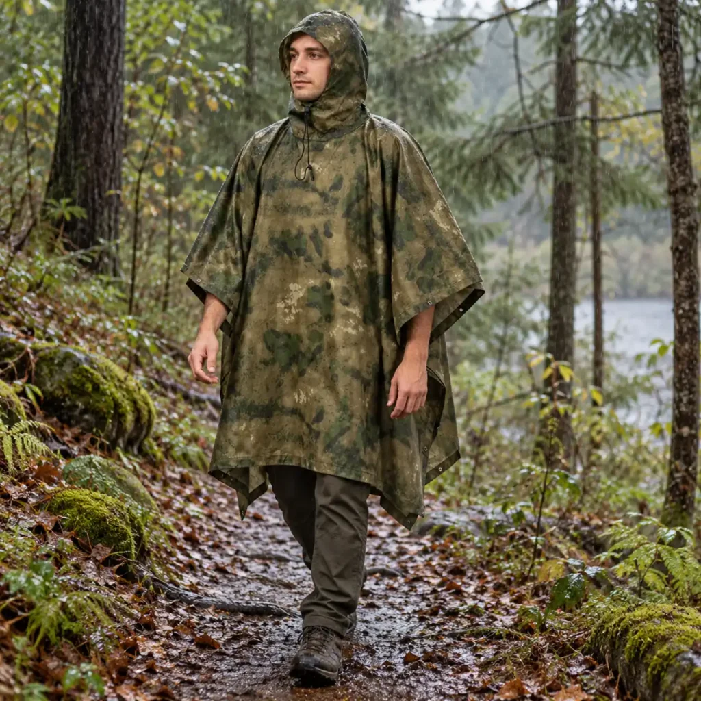 Poncho Military Tactical Olive — worn outdoors