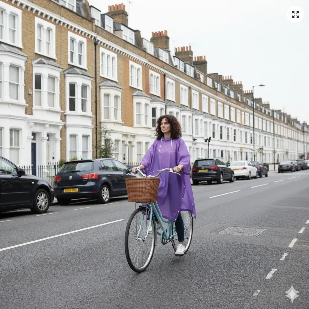 Purple rain poncho worn while cycling in the city