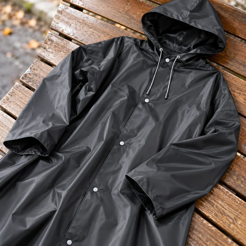 poncho rain black long coat construction detail