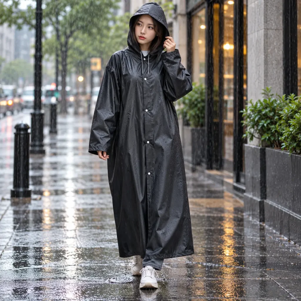 poncho rain black long coat lifestyle