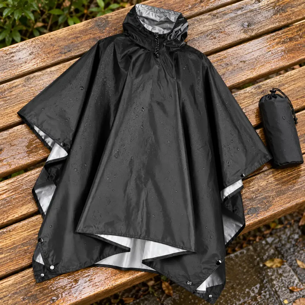 poncho rain black packable construction detail