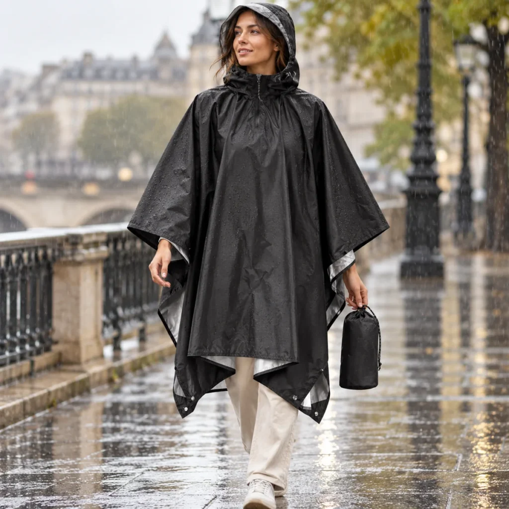 poncho rain black packable lifestyle